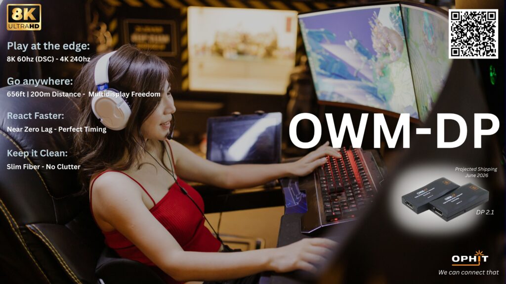 OWM-DP DisplayPort 2.1 extender transmitting high-resolution 4K and 8K video over fiber using Display Stream Compression (DSC)
